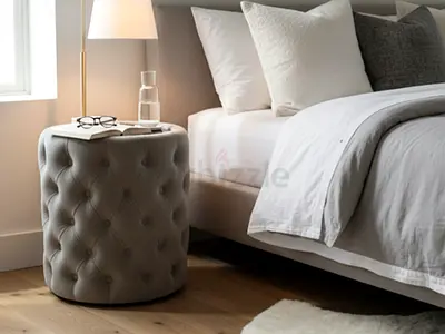 Tufted Grey Velvet Drum Side - Table