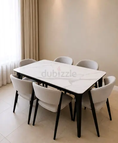 Modern 6-Seater Marble Top Dining Table with Upholstered Chairs
