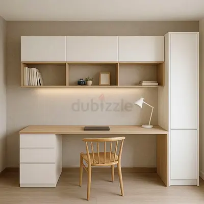 Modern Minimalist Study Desk with Overhead Cabinets and Tall Storage Unit