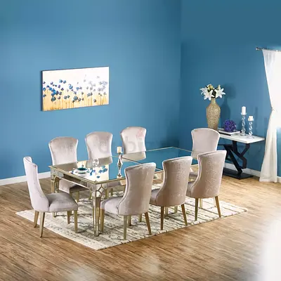 Modern Mirror Top Dining Table with 8 Velvet Upholstered Chairs