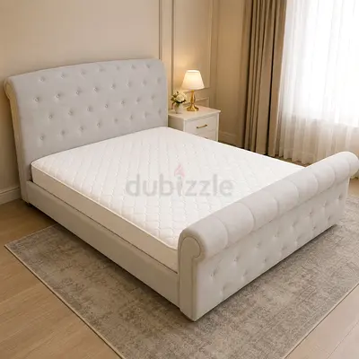 Elegant Light Grey Tufted Sleigh Bed with Mattress