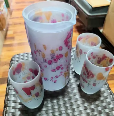 Glass jug and 3 matching cups-floral design