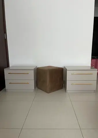 Pair of Modern Grey Nightstands with Gold Handles