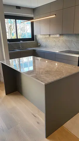 Modern grey kitchen island with marble countertop