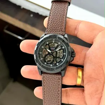 Fossil Men's Skeleton Automatic Watch with Brown Leather Strap