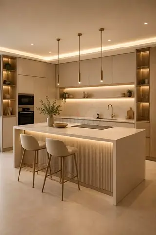 Modern beige kitchen with  island with pendant lights and bar stools and cabinets