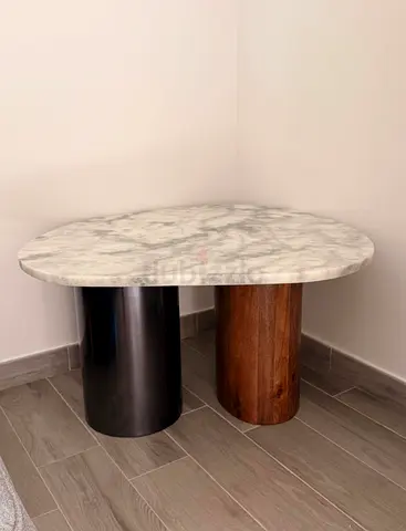 Marble Top Coffee Table with Dual Cylinder Bases (Marble & Wood)
