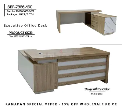 Executive L-shaped Office Desk with Storage - Beige White, 160x80x75cm