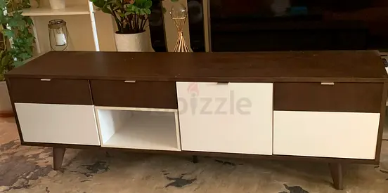 Mid-century modern low TV console / media cabinet - dark wood with white doors