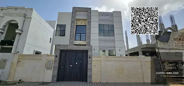 Luxury villa for sale in Al Zahya, 3700 sqft, master rooms, hall and majlis with bathrooms, 4 master rooms upstairs, roof access, full décor, stone en