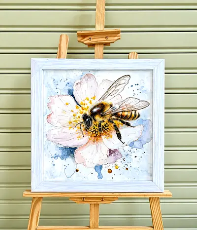 Framed Bee on Flower Watercolor Artwork (Square) - Ready to Hang
