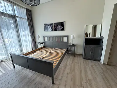 Grey wooden king size bed frame with matching bedside tables and dresser (set)