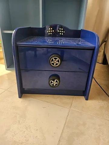 Blue kids dresser / bedside storage with two drawers. Racing theme