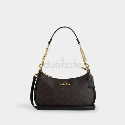 Coach Brown Signature Canvas Shoulder Bag with Gold Chain