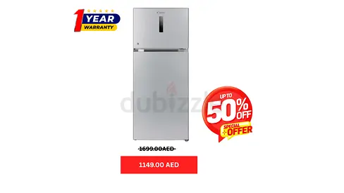 Candy Refrigerator 630 Liter Top Mount Double Door Electronic Control LED Light Color Silver