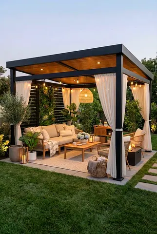 Outdoor Pergola with Curtains Modern Garden Gazebo