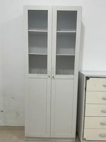 White Tall Storage Cabinet with Glass Panel Doors - Good Condition