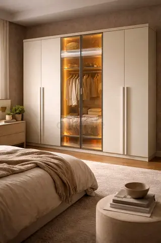 Modern 5-Door Wardrobe with Glass Display Doors - Beige