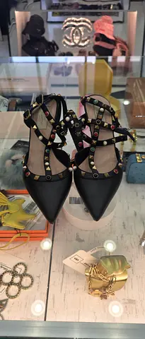 Black Studded Pointed-Toe Strappy Flats (Valentino Rockstud style)