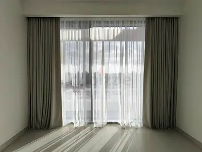 Full-length grey blackout curtains with sheer liners - brand-new and custom-made