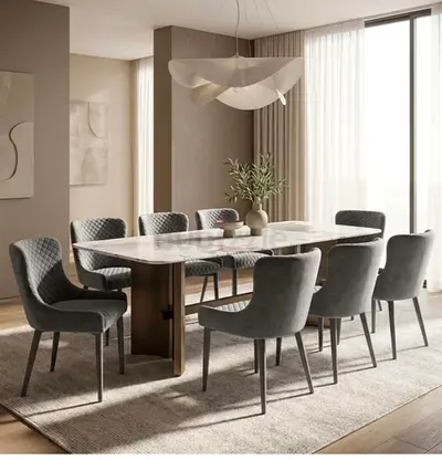 Marble Top Dining Table with 8 Upholstered Chairs - Modern Set