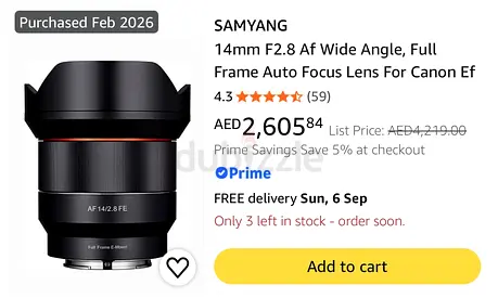 Samyang 14mm F2.8 AF Wide Angle Full Frame Lens (Canon EF) - Like New