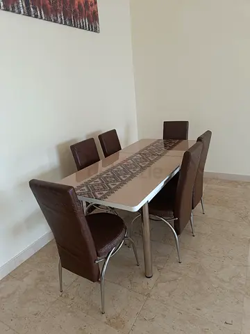 6-Seater Modern Dining Table with Brown Faux-Leather Chairs