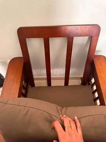 Wooden Armchair with Brown Fabric Cushions