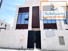 Brand-new villa in Hoshi, Sharjah, 5 master bedrooms, hall, majlis, panoramic balconies, outdoor sea