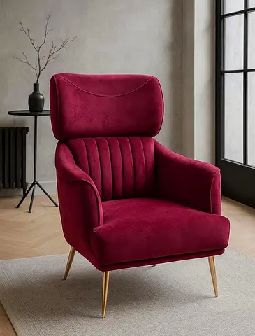 Maroon Velvet Accent Armchair with High Back and Gold Legs
