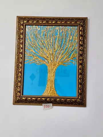 Handmade Framed Gold Tree on Turquoise Background
