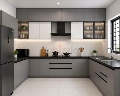 Modern Grey U-Shaped Kitchen Cabinets with Black Countertops