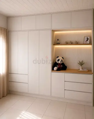 Built-in Minimalist White Wardrobe with Shelves and Drawers
