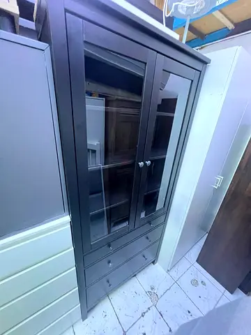 Black Wood Display Cabinet with Glass Doors and Drawers
