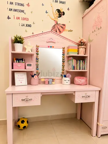 Pink Wooden Kids Vanity Desk with Shelves and Mirror