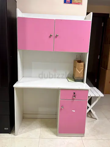 White and Pink Kids Study Desk with Storage Cabinets