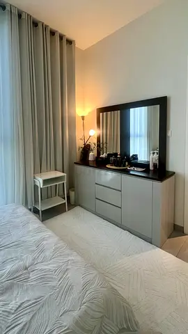 Modern Grey and Dark Wood Bedroom Dresser with Large Mirror