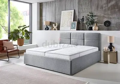 Grey Upholstered King Size Bed with Padded Headboard