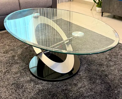 Modern Oval Glass Coffee Table with Stainless Steel Base