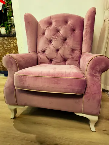 Pink Velvet Wingback Armchair with Tufted Back