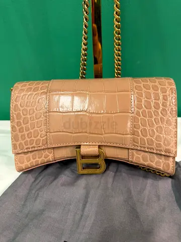 Balenciaga Hourglass Wallet on Chain in Shiny Crocodile Embossed Calfskin Beige