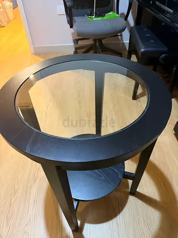 IKEA Round black side table with glass top - sturdy small accent table