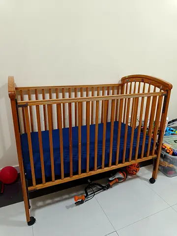Wooden Baby Crib / Cot with Mattress And 2 Mattress Covers - Good Condition