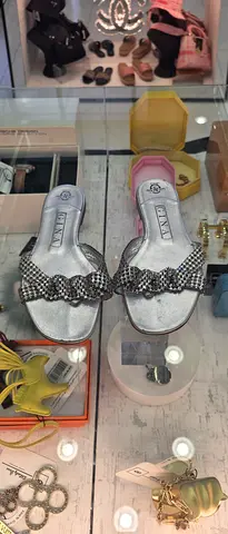 Silver beaded slip-on women's sandals, gently used