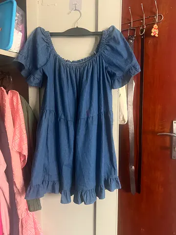 Casual blue denim short dress with puff sleeves, size approx M