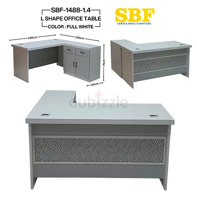 L-shaped White Office Desk with Storage Cabinet - Modern Executive Table
