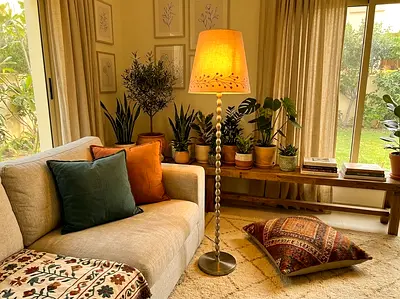 Floor lamp with decorative beaded stem and warm fabric shade 155cm