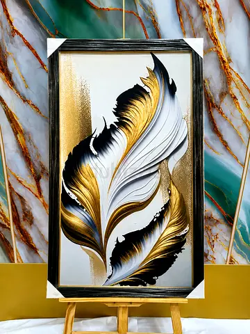 Framed Modern Gold & Black Feather Art Painting - Ready to Hang