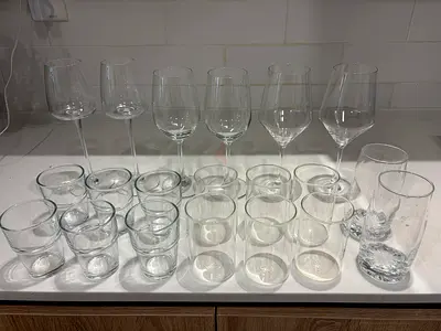 Collection of 22 Clear Drinking & Wine Glasses - Mixed Set, Good Condition