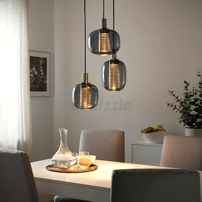 IKEA HÖGVIND Pendant lamp with 3 lamps, nickel-plated/grey glass, 41 cm